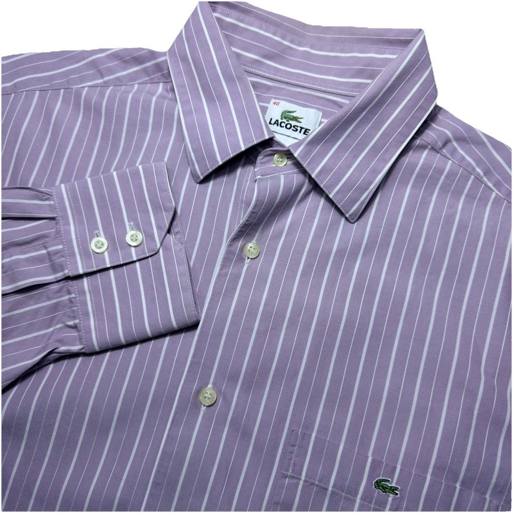 Lacoste Medium 40 Lilac White Striped Button Long Sleeve Designed In France Shir
